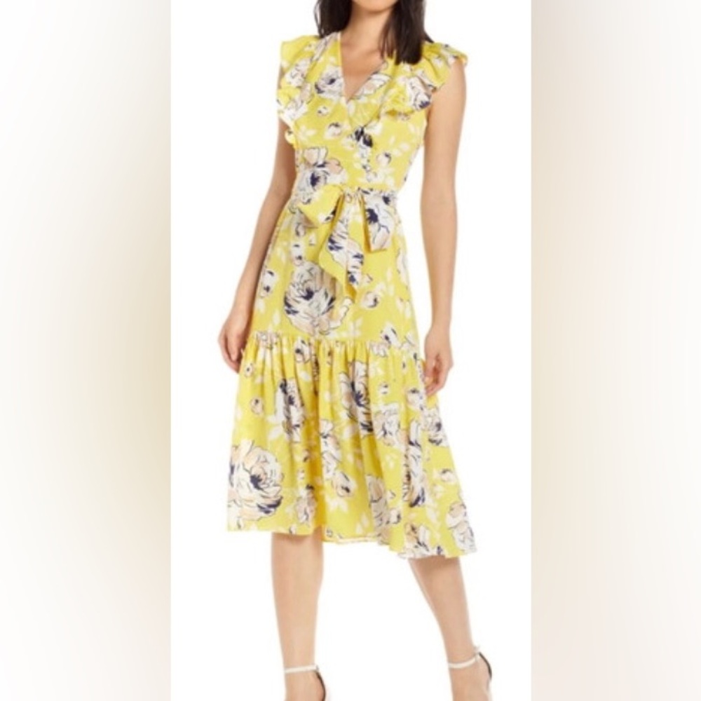Eliza J Elegant Floral Yellow Sleeveless Back Zip Lining Summer Dress 2